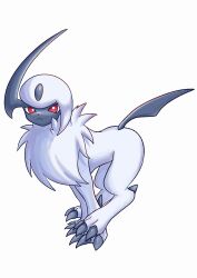 Rule 34 | absol, animal focus, claws, closed mouth, creatures (company), forehead jewel, game freak, gen 3 pokemon, horns, nintendo, no humans, pokemon, pokemon (creature), red eyes, simple background, single horn, smile, solo, soruva 359, white background, white hair