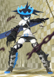 Rule 34 | 1girl, 32zzz, bare shoulders, belt, black hair, black rock shooter, black rock shooter (character), black rock shooter beast, blue eyes, chain, crown, flaming eye, flat chest, highres, holding, holding sword, holding weapon, microskirt, navel, pale skin, skirt, solo, sword, thighhighs, weapon