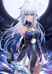 Rule 34 | 1girl, bare shoulders, black gloves, blue dress, blue sleeves, breasts, closed mouth, colored tips, cowboy shot, detached collar, detached sleeves, dress, earrings, epiphyllum, full moon, gloves, hair over one eye, high ponytail, highres, holding, holding sword, holding weapon, honkai: star rail, honkai (series), ice shard, jewelry, jingliu (honkai: star rail), long hair, looking at viewer, medium breasts, mon-chan, moon, multicolored hair, night, night sky, red eyes, sidelocks, single earring, skirt, sky, sleeveless, sleeveless dress, solo, star (sky), sword, weapon, white hair, white skirt