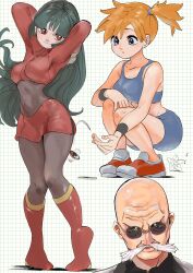 1boy 2girls armpits arms_behind_head asymmetrical_hair bald black_hair blaine_(pokemon) blue_eyes bodysuit boots breasts closed_mouth creatures_(company) crop_top eyelashes facial_hair game_freak green_hair gym_leader hair_tie highres knees large_breasts legs long_hair looking_at_viewer midriff misty_(pokemon) multiple_girls mustache navel nintendo old old_man orange_hair pantyhose poke_ball poke_ball_(basic) pokemon pokemon_(anime) pokemon_frlg pokemon_rgby ponytail red_eyes red_footwear red_skirt sabrina_(pokemon) shirt shoes short_hair shorts side_ponytail skirt sleeveless smile squatting sunglasses thighs