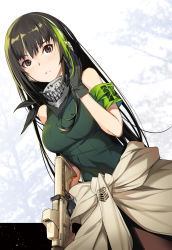 Rule 34 | 1girl, armband, assault rifle, bare arms, bare shoulders, black eyes, black gloves, breasts, brown hair, clothes around waist, commentary request, cowboy shot, dutch angle, girls&#039; frontline, gloves, green hair, green shirt, gun, hand up, headphones, holding, holding gun, holding weapon, jacket, jacket around waist, long hair, looking at viewer, m4 carbine, m4a1 (girls&#039; frontline), medium breasts, multicolored hair, parted lips, ress, ribbed shirt, rifle, shirt, sidelocks, sleeveless, sleeveless shirt, solo, standing, streaked hair, weapon, white jacket
