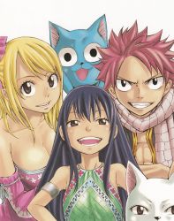 Rule 34 | 1boy, 2girls, bare shoulders, blonde hair, blue hair, breasts, brown eyes, cat, charle (fairy tail), cleavage, detached sleeves, fairy tail, flat chest, happy (fairy tail), highres, large breasts, long hair, lucy heartfilia, mashima hiro, multiple girls, natsu dragneel, open mouth, pink hair, scarf, short hair, smile, wendy marvell