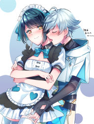 Rule 34 | 2boys, blue bow, blue bowtie, blue hair, bow, bowtie, chinese clothes, chongyun (genshin impact), closed eyes, genshin impact, hairband, highres, hood, hoodie, kokuchuutei, licking, licking another&#039;s neck, maid, maid headdress, multiple boys, open mouth, short hair, short sleeves, skirt, smile, standing, thighhighs, tongue, tongue out, trap, white thighhighs, xingqiu (genshin impact), yaoi, yellow eyes