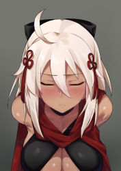 Rule 34 | 1girl, ahoge, bare shoulders, blush, bow, breasts, cleavage, collarbone, dark-skinned female, dark skin, fate/grand order, fate (series), grey background, grey hair, hair between eyes, hair bow, highres, large breasts, looking at viewer, medium hair, okita souji (fate), okita souji alter (fate), okita souji alter (first ascension) (fate), simple background, solo, sweat, try (lsc), upper body