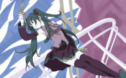 Rule 34 | 1girl, bad id, bad pixiv id, detached sleeves, green hair, hatsune miku, crossed legs, long hair, necktie, razor, scissors, sitting, skirt, solo, thighhighs, twintails, vocaloid