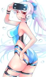 Rule 34 | 1girl, absurdres, adjusting clothes, adjusting headwear, ass, blue bow, blue one-piece swimsuit, bow, breasts, commentary request, competition swimsuit, fate/grand order, fate (series), hair bow, head-mounted display, headphones, headset, highres, large breasts, long hair, microphone, one-piece swimsuit, ponytail, red eyes, silver hair, solo, swimsuit, swimsuit tug, thigh strap, tomoe gozen (fate), tomoe gozen (swimsuit saber) (fate), tomoe gozen (swimsuit saber) (first ascension) (fate), two-tone swimsuit, utaso (satsuo), very long hair, white one-piece swimsuit