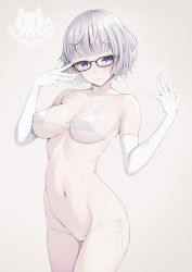 Rule 34 | 1girl, asami asami, bare shoulders, bikini, blue eyes, blush, breasts, choker, cleavage, collarbone, elbow gloves, fate/grand order, fate (series), glasses, gloves, grey hair, highres, jacques de molay (foreigner) (fate), large breasts, looking at viewer, navel, open mouth, short hair, solo, swimsuit, thighs, white bikini, white gloves