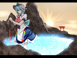 Rule 34 | 1girl, alternate hair length, alternate hairstyle, bad id, bad pixiv id, blue hair, female focus, hat, highres, hinanawi tenshi, letterboxed, meicha, pond, red eyes, short hair, smile, solo, sun, sword, sword of hisou, torii, touhou, water, weapon