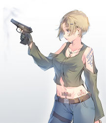 Rule 34 | 1girl, arm behind back, belt, blouse, body writing, breasts, brown eyes, chain, chain necklace, cleavage, clothing cutout, colored eyelashes, daito, ear piercing, earrings, english text, from side, gloves, green shirt, gun, hair ornament, hairclip, handgun, highres, holding, holding gun, holding weapon, jewelry, light brown hair, midriff, navel, navel piercing, necklace, original, piercing, pistol, profanity, pubic tattoo, shirt, short hair, shoulder cutout, shoulder tattoo, simple background, single glove, solo, standing, tattoo, thigh strap, trigger discipline, weapon, white background