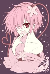 Rule 34 | 1girl, alternate costume, cherry blossoms, covering one eye, covering own mouth, flower, hair flower, hair ornament, heart, heart of string, japanese clothes, jpeg artifacts, komeiji satori, long sleeves, looking at viewer, maturiuta sorato, off shoulder, petals, pink eyes, pink hair, short hair, simple background, solo, string, touhou, upper body, wide sleeves