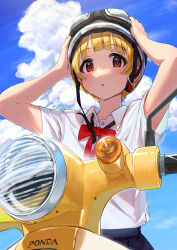 Rule 34 | 1girl, :o, absurdres, bicycle helmet, blonde hair, blush, bow, bowtie, brand name imitation, fukuda noriko, goggles, goggles on headwear, hands on headwear, helmet, highres, idolmaster, idolmaster million live!, kaiso (kaisooekaki), looking at viewer, motor vehicle, red bow, red bowtie, red eyes, school uniform, scooter, shirt, short sleeves, solo, sweatdrop, white shirt