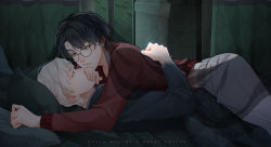Rule 34 | 2boys, artist name, bed, black hair, blonde hair, blue eyes, character name, clenched teeth, draco malfoy, glasses, green eyes, hand on another&#039;s back, hand on another&#039;s face, harry potter, harry potter (series), indoors, looking at another, lying, lying on person, male focus, ming cha, multiple boys, night, parted lips, pillow, profile, round eyewear, scar, scar on face, scar on forehead, teeth, window, wizarding world, yaoi