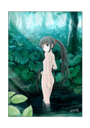 Rule 34 | 1girl, ass, black hair, breasts, completely nude, day, flat chest, flower, from behind, hair ribbon, hand on own thigh, highres, holding, leaf, long hair, looking back, nature, nipples, no nose, nude, original, outdoors, partially submerged, ponytail, red ribbon, ribbon, roreru (rorerore-ya), shoulder blades, sideboob, sidelocks, signature, solo, standing, sunlight, tree, very long hair, wading, water
