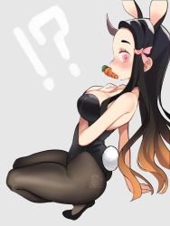 Rule 34 | !?, 1girl, animal ears, arm between breasts, arm support, artist name, ass, black hair, black leotard, blush, breasts, carrot, cleavage, fake animal ears, fake tail, gradient hair, grey background, hair ornament, highleg, highleg leotard, horns, kamado nezuko, kimetsu no yaiba, leotard, looking at viewer, medium breasts, mouth hold, multicolored hair, pantyhose, playboy bunny, profile, rabbit ears, rabbit tail, red eyes, simple background, single horn, solo, squatting, stephringo, tail, thighs