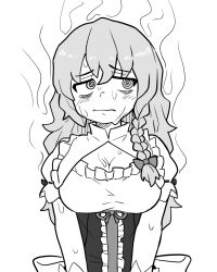 Rule 34 | 1girl, @ @, bags under eyes, blush, bow, braid, breasts, bseibutsu, center frills, cleavage, cleavage cutout, closed mouth, clothing cutout, commentary, cookie (touhou), frilled shirt, frills, greyscale, hair between eyes, hair bow, kirisame marisa, large breasts, long hair, looking to the side, mars (cookie), medium bangs, monochrome, no headwear, shirt, simple background, single braid, solo, steaming body, sweat, touhou, underbust, upper body, wavy mouth
