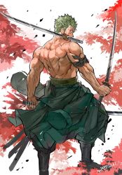 Rule 34 | 1boy, back, back focus, boots, earrings, fighting stance, green hair, highres, holding, holding sword, holding weapon, japanese clothes, jewelry, katana, kimono, leaf, looking at viewer, male focus, muscular, nikism, one piece, open mouth, roronoa zoro, solo, sword, toned, toned male, topless male, veins, weapon, yukata