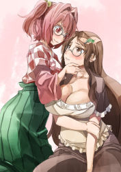 Rule 34 | 2girls, blush, breasts, brown eyes, brown hair, capelet, checkered clothes, checkered shirt, cleavage, eye contact, futatsuiwa mamizou, futatsuiwa mamizou (human), glasses, gradient background, grin, hair bobbles, hair intakes, hair ornament, hand on another&#039;s head, large breasts, leaf hair ornament, long hair, looking at another, motoori kosuzu, multiple girls, pink eyes, pink hair, shirt, short hair, skirt, smile, touhou, two side up, yohane, yuri