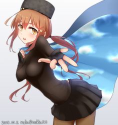 Rule 34 | 1girl, black gloves, black skirt, blue shawl, blue sky, blush, breasts, brown eyes, brown hair, brown pantyhose, dated, fingerless gloves, fur hat, gloves, grey background, grey hair, hair between eyes, hair ornament, hairclip, hat, highres, kantai collection, looking at viewer, medium breasts, miniskirt, nuka (nvkka), open mouth, pantyhose, papakha, reaching, reaching towards viewer, russian clothes, shawl, simple background, skirt, sky, solo, tashkent (kancolle), twintails, twitter username