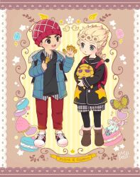 Rule 34 | 2boys, :o, aged down, backpack, bag, beanie, black coat, black hair, blonde hair, boots, braid, bug, butterfly, candy, character name, child, coat, commentary request, food, fruit, full body, fur trim, gem, giorno giovanna, gold experience, green eyes, guido mista, hat, heart, insect, jacket, jojo no kimyou na bouken, long hair, looking at another, male focus, morino peko, multiple boys, pants, red pants, sex pistols (stand), shirt, shoes, smile, sneakers, strawberry, vento aureo