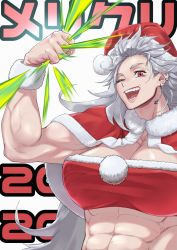 Rule 34 | 1girl, blush, breasts, christmas, dorohedoro, earrings, fur trim, gloves, hat, highres, jewelry, large breasts, long hair, looking at viewer, muscular, muscular female, noi (dorohedoro), open mouth, santa claus, santa costume, santa hat, simple background, smile, solo, uso ashio