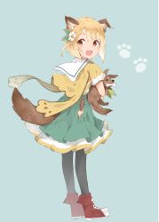 Rule 34 | 1girl, :d, animal, animal ears, animal hug, black pantyhose, blonde hair, blush, boots, braid, brown eyes, cartoon bone, commentary request, dog, dog ears, dog girl, dog tail, dress, flower, full body, granblue fantasy, green background, green dress, green ribbon, hair between eyes, hair flower, hair ornament, hair ribbon, highres, jacket, looking at viewer, looking back, mouth hold, ooyama imo, open mouth, pantyhose, pleated dress, red footwear, ribbon, short hair, short sleeves, simple background, single braid, smile, solo, standing, tail, vajra (granblue fantasy), white flower, yellow jacket