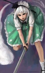 Rule 34 | 1girl, absurdres, black bow, black bowtie, bow, bowtie, circle skirt, foot out of frame, from above, green skirt, green vest, grey hair, highres, hitodama print, holding, holding sword, holding weapon, katana, konpaku youmu, short hair, skirt, skirt set, solo, sword, touhou, two-handed, vest, weapon, yagami11