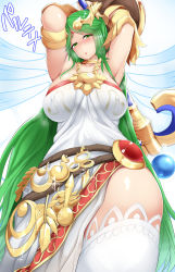 Rule 34 | 1girl, armpits, blush, breasts, breasts apart, character name, choker, covered erect nipples, cowboy shot, diffraction spikes, dress, embarrassed, foreshortening, from below, gem, glint, green eyes, green hair, half-closed eyes, head tilt, highres, jewelry, kid icarus, kid icarus uprising, lace, lace-trimmed legwear, lace trim, large breasts, long hair, looking at viewer, matching hair/eyes, mizuyan, neck ring, necklace, nintendo, palutena, red gemstone, shield, solo, staff, standing, super smash bros., sweat, swept bangs, thighhighs, thighs, tiara, triangle mouth, very long hair, white background, white thighhighs