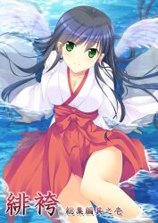 Rule 34 | 1girl, angel wings, black hair, breasts, cleavage, commentary request, green eyes, hakama, hakama skirt, highres, japanese clothes, large breasts, original, red hakama, shallow water, sitting on water, skirt, smile, solo, translation request, water, wide sleeves, wings, yamamoto kazue