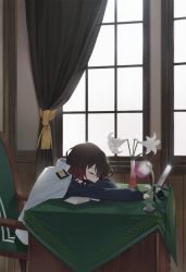 Rule 34 | 10s, 1girl, armchair, borrowed clothes, brown hair, chair, curtains, desk, flower, hayashi kewi, head down, indoors, jacket, jacket on shoulders, kantai collection, lamp, lily (flower), long sleeves, military, military jacket, military uniform, mirror, mutsuki (kancolle), mutsuki kai ni (kancolle), outstretched arm, sitting, sleeping, solo, uniform, vase, white jacket, window