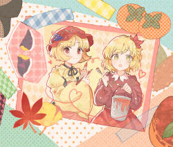 Rule 34 | 2girls, aki minoriko, aki shizuha, apron, blonde hair, blush, bucket, closed mouth, food, food-themed hat ornament, fruit, fruit hat ornament, ginkgo leaf, grape hat ornament, grapes, hat, hat ornament, heart, highres, holding, holding bucket, holding paintbrush, itomugi-kun, leaf, leaf on head, long sleeves, maple leaf, mob cap, multiple girls, open mouth, paint, paintbrush, red apron, red eyes, red headwear, red shirt, red skirt, shirt, short hair, siblings, sisters, skirt, smile, touhou, wide sleeves, yellow eyes, yellow shirt