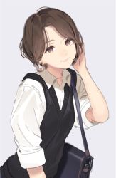 Rule 34 | 1girl, bad id, bad pixiv id, briefcase, brown eyes, brown hair, closed mouth, collared shirt, commentary, dress shirt, earrings, grey background, hand up, highres, jewelry, koyoi mitsuki, looking at viewer, original, parted bangs, shirt, short hair, short sleeves, simple background, smile, solo, sweater vest, upper body, white shirt