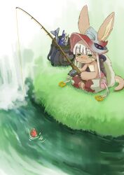 Rule 34 | 1other, :3, bag, barefoot, blunt bangs, brown pants, closed mouth, commentary request, ears through headwear, fake horns, fish, fishing, fishing line, fishing rod, full body, grass, green eyes, grey hair, grey headwear, grey pants, highres, hirodorau5y649, holding, holding fishing rod, horizontal pupils, horned hat, horns, indian style, made in abyss, medium bangs, multicolored pants, nanachi (made in abyss), other focus, pants, pocket, ripples, short hair, sitting, solo, water, whiskers