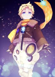 Rule 34 | 1boy, ayakusa-haku, baggy clothes, blonde hair, blue eyes, bright pupils, closed mouth, commentary request, fate/grand order, fate/requiem, fate (series), glowing, highres, male focus, parted bangs, scarf, short hair, sky, smile, solo, space, star (sky), star (symbol), starry background, starry sky, voyager (fate), voyager (third ascension) (fate), yellow scarf