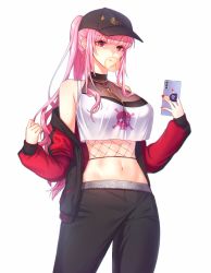 Rule 34 | 1girl, absurdres, bare shoulders, baseball cap, black hat, black pants, blowing bubbles, breasts, cellphone, chewing gum, commentary, cowboy shot, crop top, crop top overhang, death-sensei (mori calliope), earrings, fishnet top, fishnets, hat, highres, holding, holding phone, hololive, hololive english, jacket, jewelry, large breasts, long hair, looking at viewer, midriff, mori calliope, mori calliope (streetwear), nail polish, navel, necklace, off shoulder, open clothes, open jacket, pants, parted lips, phone, pink hair, ponytail, print shirt, raoul (raoul77), red eyes, red jacket, shirt, skull and crossbones, skull print, smartphone, solo, standing, virtual youtuber, white shirt