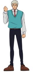 Rule 34 | 1boy, blue vest, brown footwear, character request, collared shirt, facial mark, full body, highres, long sleeves, male focus, mashle, necktie, official art, red necktie, shirt, short hair, smile, solo, sweater vest, tachi-e, vest, white hair