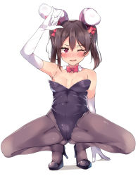 Rule 34 | 10s, 1girl, absurdres, animal ears, arm up, black footwear, black leotard, black pantyhose, blush, bow, bowtie, breasts, detached collar, elbow gloves, fake animal ears, gloves, gluteal fold, hair bow, high heels, highres, leotard, love live!, love live! school idol project, m/, nipples, one eye closed, open mouth, pantyhose, playboy bunny, popii (yuuta679), rabbit ears, red bow, red bowtie, red eyes, simple background, small breasts, smile, solo, spread legs, squatting, twintails, white background, white gloves, yazawa nico