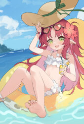 Rule 34 | 1girl, absurdres, arknights, arm up, barefoot, bikini, breasts, commentary, cup, drinking straw, ear piercing, eyewear on head, fang, feet, flower, foot out of frame, frilled bikini, frills, glass, green eyes, green ribbon, hair flower, hair ornament, hat, hat ribbon, heart, heart-shaped eyewear, highres, holding, holding cup, innertube, jewelry, knees up, legs, long hair, myrtle (arknights), myrtle (summer flowers) (arknights), navel, necklace, official alternate costume, open mouth, piercing, pointy ears, red hair, ribbon, shell, shell necklace, shio (shiofeifei), sketch, skin fang, small breasts, soles, solo, sun hat, swim ring, swimsuit, symbol-only commentary, toes, two side up, white bikini, yellow hat, yellow innertube
