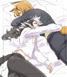 Rule 34 | 2boys, animal ears, ass, bad id, bad pixiv id, bed sheet, blush, brown eyes, brown hair, european clothes, eyelashes, closed eyes, fire emblem, fire emblem fates, fox ears, hallco, japanese clothes, kaden (fire emblem), keaton (fire emblem), long hair, looking back, lying, male focus, multicolored hair, multiple boys, nintendo, on bed, on stomach, pillow, sleeping, tail, two-tone hair, wolf boy, wolf ears, wolf tail