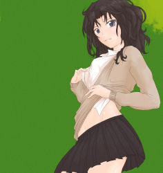 Rule 34 | 1girl, amagami, black eyes, black hair, black skirt, blazer, breasts, clothes lift, clothes pull, eyelashes, green background, hair over shoulder, highres, jacket, light smile, long hair, looking at viewer, messy hair, navel, no bra, open clothes, open shirt, school uniform, shirt, shirt lift, shirt pull, sideboob, simple background, skirt, solo, tanamachi kaoru, winu (pixiv288510)