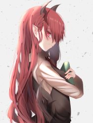 Rule 34 | 1girl, bat wings, black vest, book, hugging book, commentary, crossed arms, from side, grey background, hair between eyes, head wings, highres, holding, holding book, koakuma, light frown, long hair, long sleeves, looking at viewer, hugging object, pointy ears, red eyes, red hair, shirt, sideways glance, simple background, solo, standing, symbol-only commentary, touhou, tsune (tune), upper body, very long hair, vest, white shirt, wings