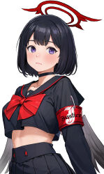 Rule 34 | 1girl, absurdres, armband, black choker, black hair, black sailor collar, black serafuku, black shirt, black skirt, black wings, blue archive, blush, bow, bowtie, choker, closed mouth, commentary request, cropped shirt, feathered wings, halo, highres, long sleeves, looking at viewer, low wings, mashiro (blue archive), midriff, partial commentary, purple eyes, raiden (kdsn3783), red armband, red bow, red bowtie, red halo, sailor collar, school uniform, serafuku, shirt, short hair, simple background, skirt, solo, white background, wings