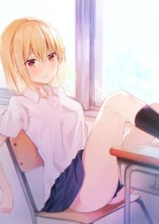 Rule 34 | 1girl, arm behind back, ass, black skirt, black socks, blonde hair, blush, bob cut, breasts, brown eyes, chair, chair tipping, classroom, closed mouth, collared shirt, commentary, desk, expressionless, hair between eyes, hair strand, highres, hitoiki, indoors, kneehighs, legs on table, looking at viewer, medium breasts, original, pleated skirt, polo shirt, school chair, school desk, school uniform, shirt, short hair, short sleeves, sitting, skirt, socks, solo, window