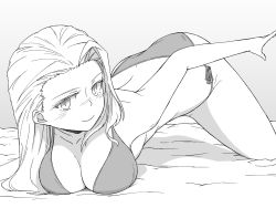 Rule 34 | 1girl, arm up, ass, bed sheet, bikini, breasts, clara (girls und panzer), cleavage, closed mouth, commentary, girls und panzer, greyscale, head tilt, highres, large breasts, long hair, looking at viewer, monochrome, on bed, renshiu, shadow, side-tie bikini bottom, smile, solo, swimsuit, top-down bottom-up