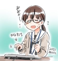 Rule 34 | 1girl, beige cardigan, blunt bangs, blush, blush stickers, brown hair, c2-chan, c2 kikan, cardigan, clenched hand, closed eyes, commentary, dated, desk, dress, flying sweatdrops, glasses, green eyes, kirisawa juuzou, low ponytail, neckerchief, open mouth, pointing, pointing down, sailor collar, sailor dress, simple background, sweatdrop, tearing up, translation request, white neckerchief