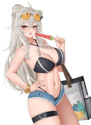 Rule 34 | 1girl, animal ears, bag, bare arms, bare shoulders, bikini, black bikini, blue shorts, blush, breasts, eyewear on head, food, grey eyes, grey hair, holding, hololive, large breasts, long hair, looking at viewer, micro shorts, navel, open mouth, ponytail, popsicle, saliva, saliva trail, shishiro botan, shorts, simple background, solo, stomach, sunglasses, swimsuit, thigh strap, virtual youtuber, watermelon bar, wei xiao, white background
