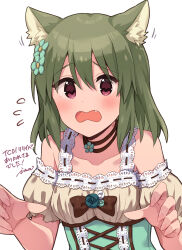Rule 34 | animal ears, artist name, bare shoulders, blush, breasts, brown corset, choker, collarbone, corset, detached sleeves, dot nose, dress, embarrassed, fake animal ears, fang, furrowed brow, green hair, hair between eyes, highres, idolmaster, idolmaster million live!, idolmaster million live! theater days, ima (lm ew), lace, lace-trimmed dress, lace trim, motion lines, nagayoshi subaru, open mouth, puffy short sleeves, puffy sleeves, red eyes, ribbon, short hair, short sleeves, sidelocks, simple background, small breasts, straight hair, sweatdrop, upper body, wavy mouth, white background