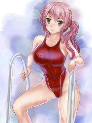 Rule 34 | 1girl, brown eyes, competition swimsuit, cowboy shot, highleg, highleg swimsuit, mashinatsu, one-piece swimsuit, original, pink hair, pool ladder, red one-piece swimsuit, side ponytail, smile, solo, swimsuit, wet, wet clothes, wet swimsuit