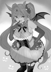 Rule 34 | 1girl, animal ears, bare shoulders, bat wings, breasts, cleavage, corset, daiwa scarlet (umamusume), elbow gloves, fang, feet out of frame, garter straps, gloves, greyscale, hair intakes, hand up, horse ears, horse girl, horse tail, large breasts, long hair, looking at viewer, monochrome, open mouth, see-through, see-through cleavage, shibasaki shouji, skirt, slit pupils, smile, solo, tail, thighhighs, tiara, twintails, umamusume, wings