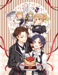 Rule 34 | 3boys, 3girls, ahoge, alternate costume, alternate hairstyle, alvin (tales), anniversary, ascot, black bow, black hair, black legwear, blonde hair, bow, bowtie, braid, brown background, brown eyes, brown hair, butler, cake, cup, doily, double bun, elize lutus, embarrassed, enmaided, closed eyes, food, formal, frills, fruit, gloves, gradient hair, green eyes, green hair, hair ornament, hairclip, jude mathis, leia rolando, lowah, maid, maid headdress, milla maxwell, multicolored hair, multiple boys, multiple girls, official alternate costume, one eye closed, ponytail, red eyes, red ribbon, ribbon, rowen j. ilbert, short hair, smile, strawberry, strawberry shortcake, striped, striped background, suit, tales of (series), tales of xillia, tea, teacup, teapot, teepo (tales), thighhighs, tray, twin braids, white bow, white gloves, white hair, wrist cuffs