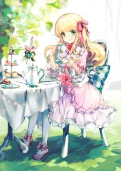 Rule 34 | 1girl, ankle bow, ankle ribbon, bad id, bad twitter id, blonde hair, bouquet, bow, bowtie, cake, chair, commentary request, cross-laced clothes, cup, cushion, dress, flower, food, frilled dress, frilled shirt collar, frilled sleeves, frills, green eyes, hair ribbon, holding, holding cup, holding saucer, joypyonn, leg ribbon, lolita fashion, long hair, looking at viewer, original, outdoors, pantyhose, pink bow, pink bowtie, pink dress, pink flower, pink footwear, pink ribbon, red flower, ribbon, saucer, shoes, sitting, smile, solo, strawberry shortcake, sweet lolita, table, tablecloth, teacup, teapot, tiered tray, vase, white flower, white pantyhose